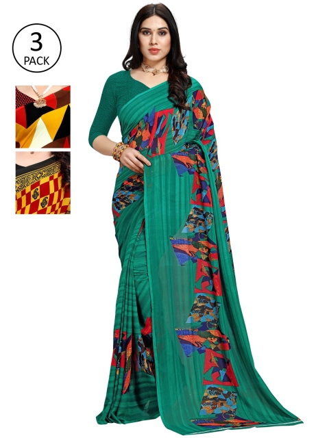 

KALINI Pack Of 3 Multicoloured Printed Sarees, Green