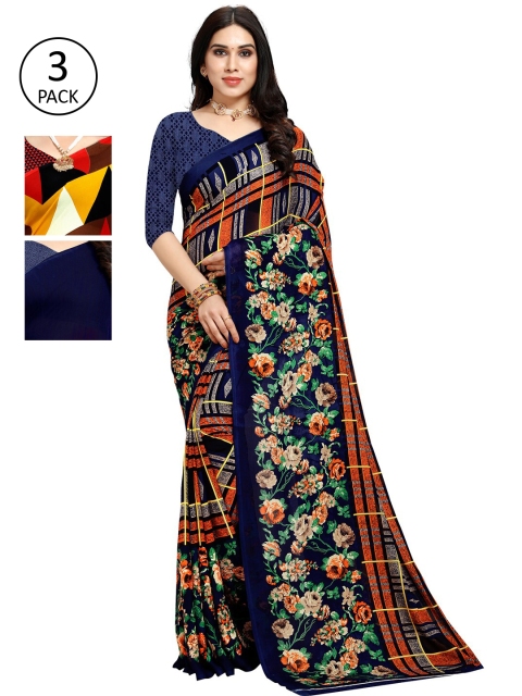 

KALINI Pack Of 3 Multicoloured Printed Sarees, Navy blue