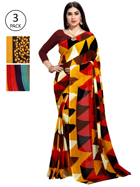 

KALINI Pack Of 3 Poly Georgette Printed Sarees, Red