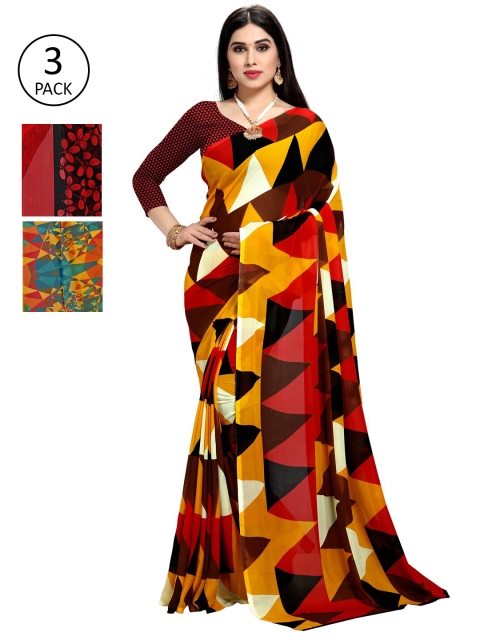 

KALINI Pack Of 3 Printed Sarees, Red