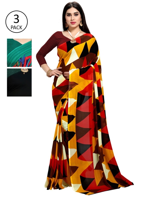 

KALINI Pack Of 3 Printed Sarees, Yellow