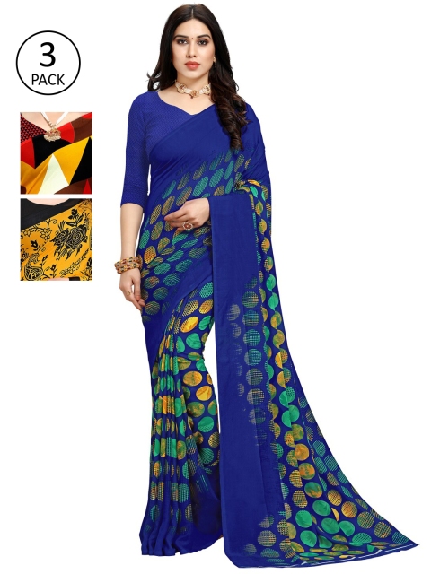

KALINI Pack Of 3 Poly Georgette Printed Sarees, Red