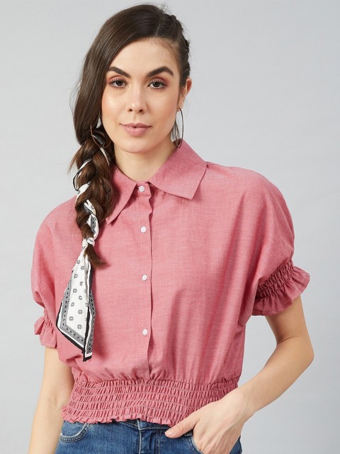 

Athena Women Pink Chambray Cinched Waist Top