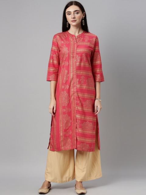 

Alena Women Pink & Beige Ethnic Motifs Foil Printed Kurta
