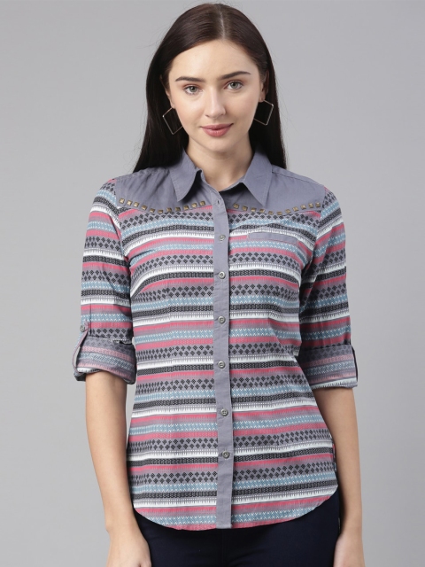 

Alena Blue Geometric Print Shirt Style Top