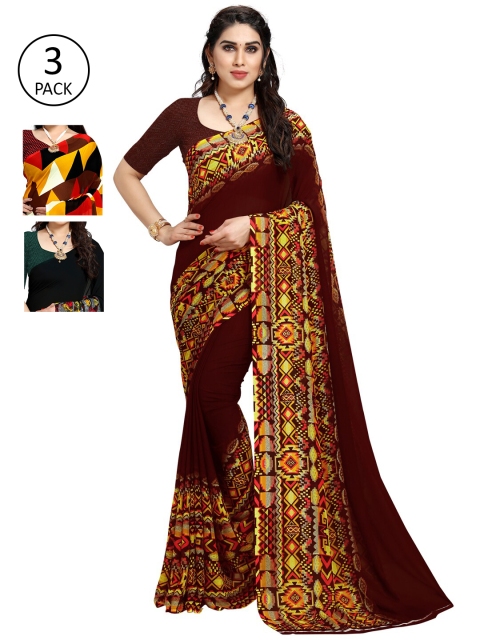 

KALINI Pack Of 3 Multicoloured Printed Sarees, Brown