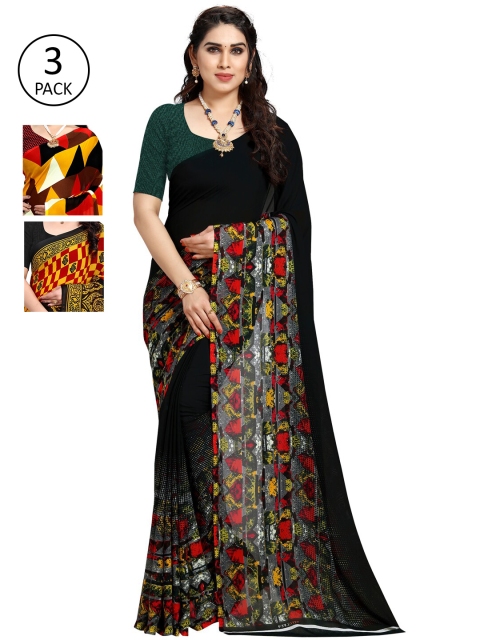 

KALINI Pack Of 3 Printed Sarees, Black