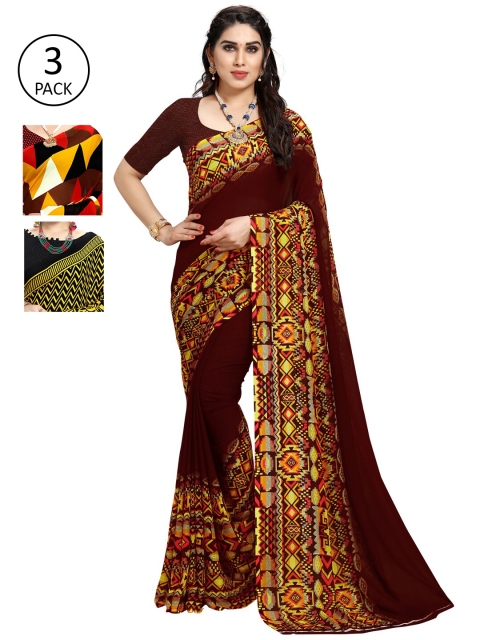 

KALINI Pack Of 3 Printed Sarees, Red