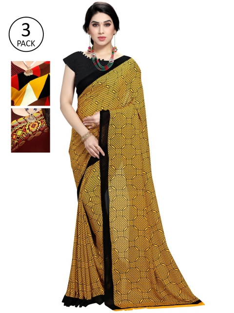 

KALINI Pack Of 3 Printed Sarees, Yellow