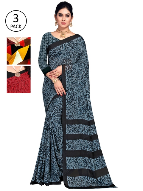

KALINI Pack Of 3 Printed Poly Georgette Sarees, Black