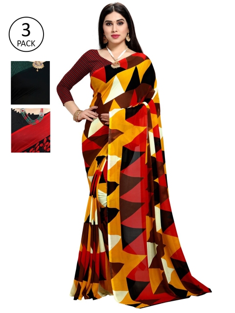 

KALINI Pack Of 3 Multicoloured Printed Sarees, Red