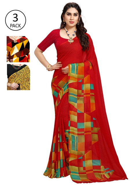 

KALINI Pack Of 3 Printed Sarees, Red