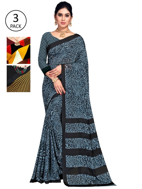 

KALINI Pack Of 3 Printed Sarees, Blue