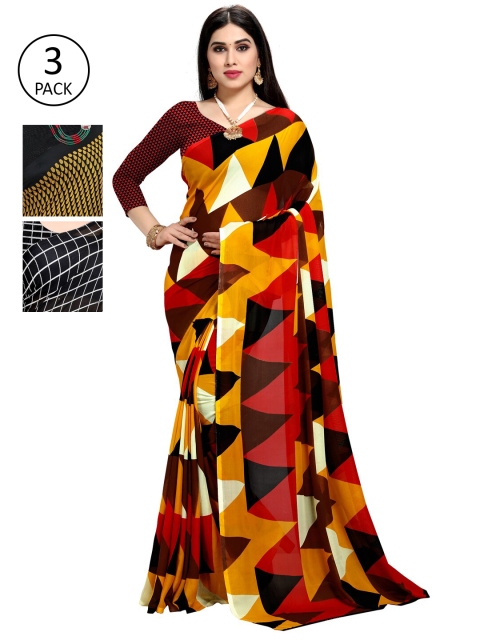 

KALINI Pack Of 3 Poly Georgette Printed Sarees, Yellow