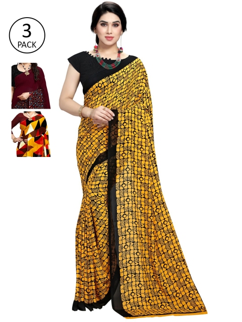 

KALINI Set of 3 Printed Sarees, Yellow