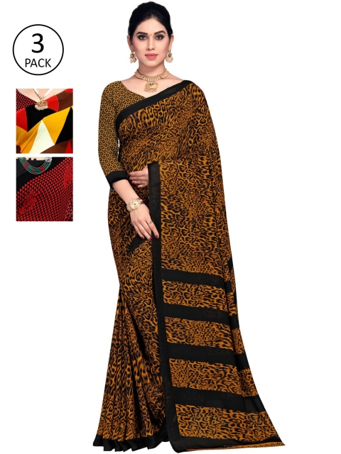 

KALINI Pack Of 3 Printed Sarees, Khaki