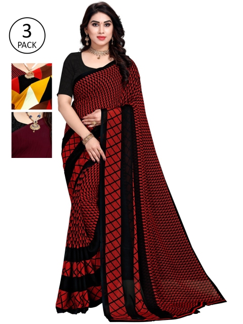 

KALINI Pack Of 3 Printed Sarees, Red
