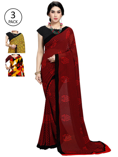 

KALINI Set of 3 Printed Sarees, Maroon