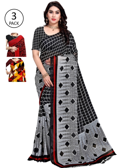 

KALINI Pack Of 3 Multicoloured Printed Sarees, Black