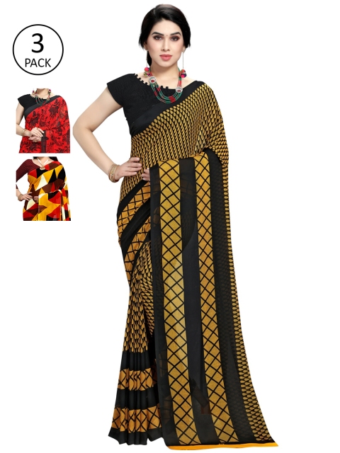 

KALINI Pack Of 3 Printed Sarees, Red
