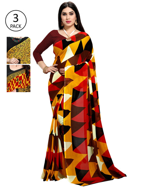 

KALINI Pack Of 3 Printed Sarees, Red