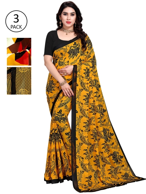 

KALINI Pack of 3 Printed Sarees, Yellow