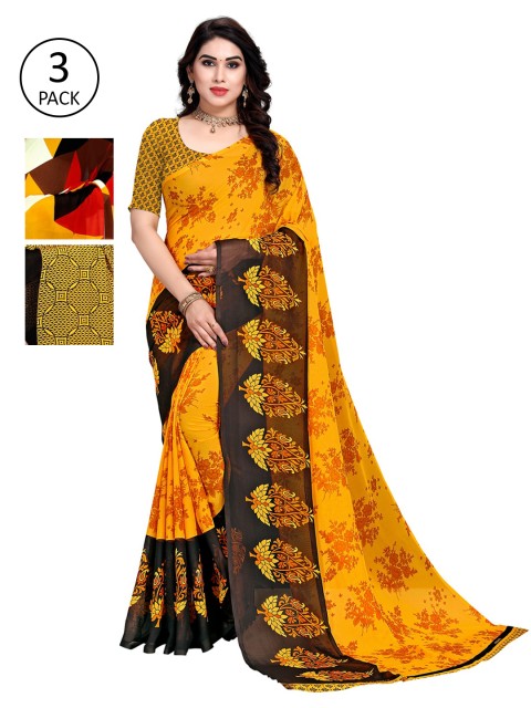 

KALINI Set of 3 Printed Sarees, Yellow