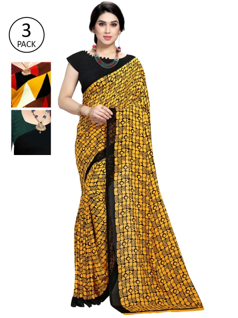 

KALINI Pack Of 3 Printed Poly Georgette Sarees, Yellow