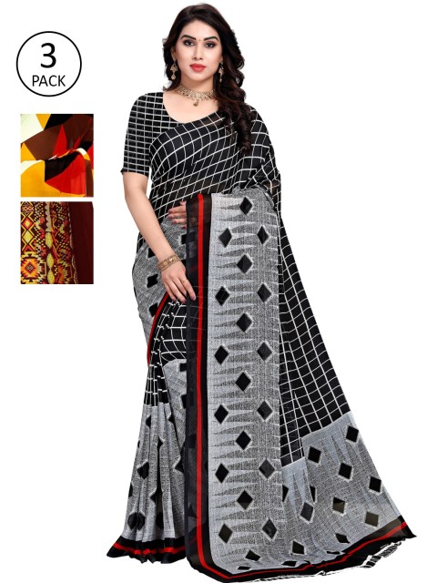 

KALINI Pack Of 3 Multicoloured Printed Sarees, Black