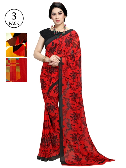 

KALINI Pack of 3 Printed Sarees, Red