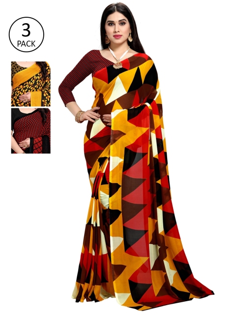 

KALINI Pack Of 3 Poly Georgette Printed Sarees, Red