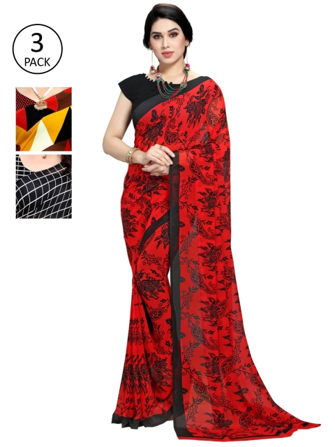 

KALINI Set of 3 Printed Sarees, Black