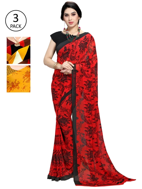 

KALINI Pack Of 3 Printed Poly Georgette Sarees, Red