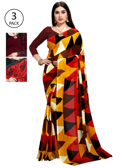 

KALINI Set of 3 Printed Sarees, Maroon