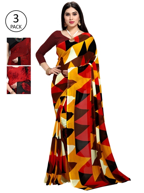 

KALINI Women Pack Of 3 Printed Sarees, Red