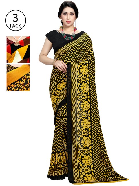 

KALINI Pack Of 3 Printed Sarees, Lime green