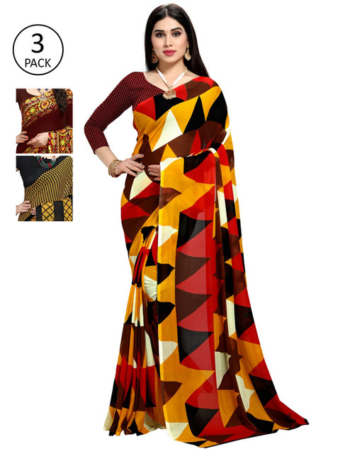 

KALINI Pack Of 3 Printed Sarees, Yellow