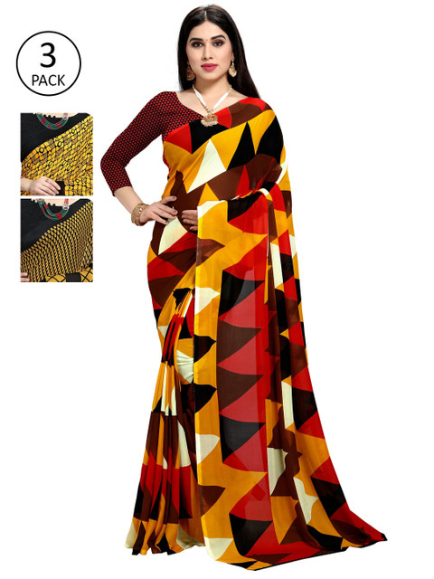 

KALINI Pack Of 3 Printed Sarees, Yellow