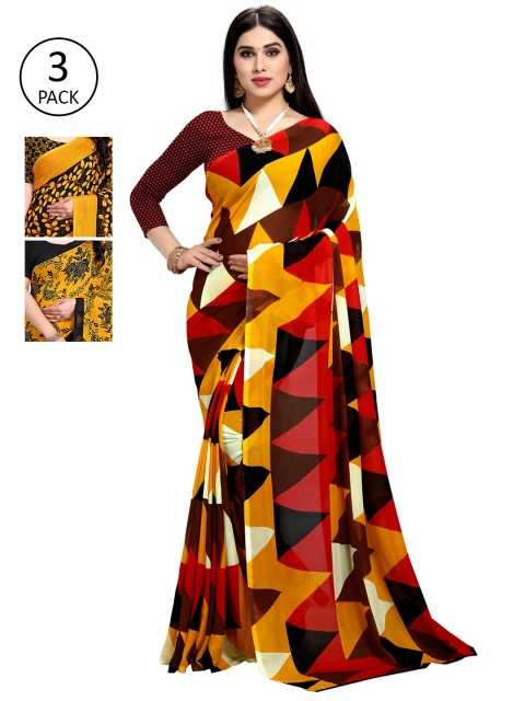 

KALINI Pack of 3 Printed Poly Georgette Saree, Red