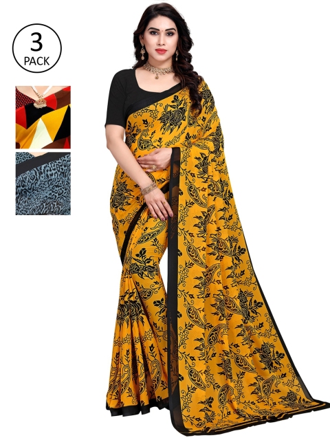 

KALINI Pack Of 3 Printed Sarees, Yellow