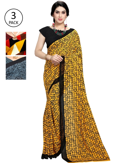 

KALINI Pack Of 3 Poly Georgette Printed Sarees, Red