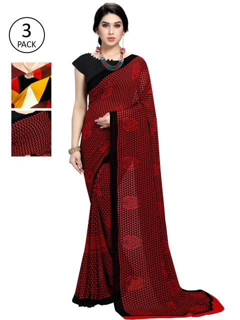 

KALINI Pack Of 3 Printed Sarees, Red