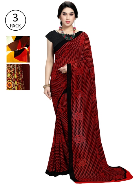 

KALINI Pack Of 3 Printed Sarees, Red