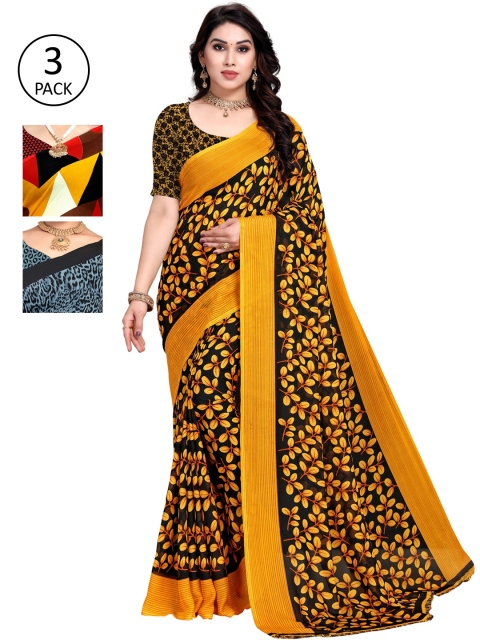 

KALINI Pack Of 3 Poly Georgette Printed Sarees, Red