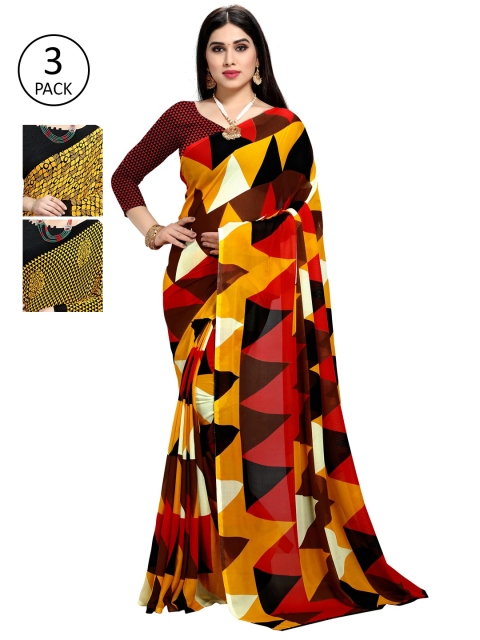 

KALINI Pack Of 3 Multicoloured Printed Sarees, Black