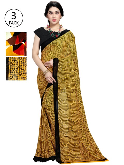 

KALINI Pack Of 3 Poly Georgette Printed Sarees, Yellow