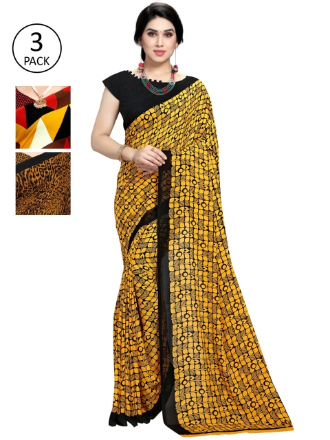 

KALINI Women Pack of 3 Poly Georgette Printed Sarees, Yellow