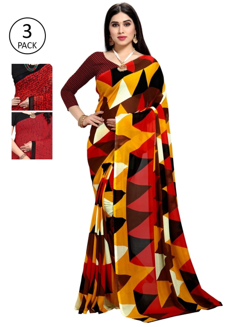 

KALINI Pack Of 3 Printed Sarees, Black