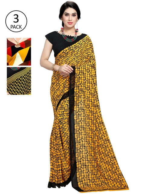 

KALINI Set of 3 Printed Sarees, Yellow
