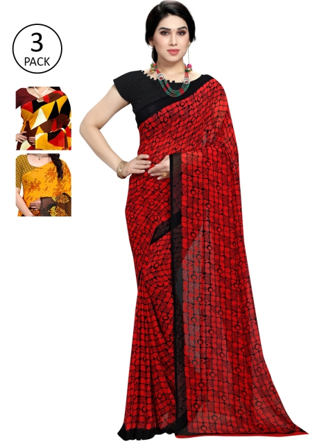 

KALINI Pack Of 3 Multicoloured Printed Sarees, Red
